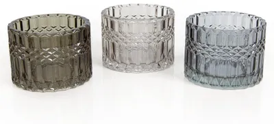 Produktbild von 3 Teelichthalter aus Glas grau schwarz transparent Teelichtgläser Deko 9 cm