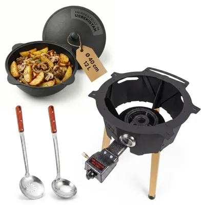 Produktbild von Outdoor Kochset mit Feuerstelle Ø36,5 cm aus Stahl mit integriertem Brenner Gusseisen Kasan 12L aus Namangan mit Aluminiumdeckel Dutch Oven Set Schaumkelle Suppenkelle