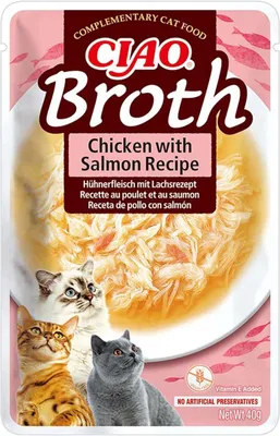 Produktbild von INABA Ciao Broth, Nassfutter für Katzen mit Huhn und Lachs, 40g