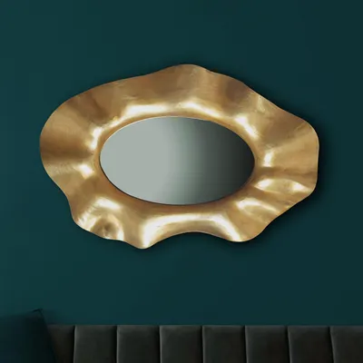 Produktbild von Wandspiegel Asymmetrisch 60x90 cm Metall Design Hängespiegel Gold, Aluminium Dekospiegel Unförmig mit Rahmen, Spiegel Wand Groß, Flurspiegel Länglich, Garderobenspiegel Modern