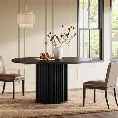 Image de Table de salle à manger ronde noire pour 4 à 6 personnes, diamètre 110 cm, avec structure en métal