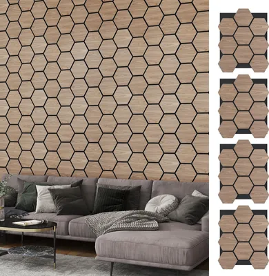 A living room scene with a sectional sofa and hexagonal wall panels.