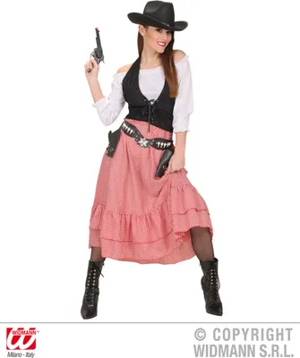 A woman dressed as a cowgirl poses for a product image.