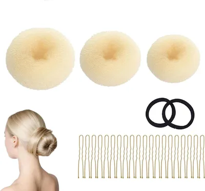 Produktbild von Haar Dutt Maker Set, 15-teilig, Duttformer Kit mit 3 beigen Haar Donuts, 10 goldenen U-Stecknadeln und 2 Haarringen für Hochsteckfrisuren, Dutts und stylische Frisuren für Frauen