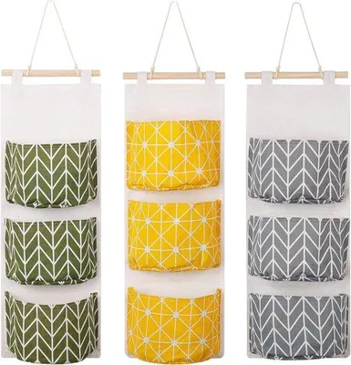 Productafbeelding van Famanu opbergtas voor aan de muur, wandorganizer met 3 vakken - Groen, grijs en geel, 3 stuks