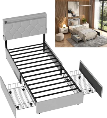 Obrázek produktu pro XMTECH 90 x 200 cm čalouněná postel s čalouněným čelem a 2 úložnými prostory, vysoce kvalitní materiál, bez matrace,  šedá