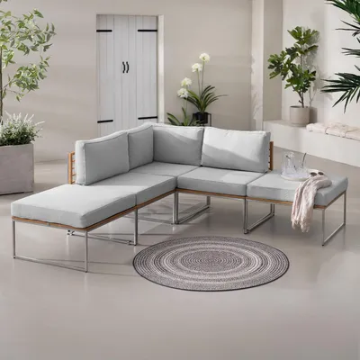 Produktbild von home24 Loungeset - 5-teilig - Webstoff / Teak Massiv