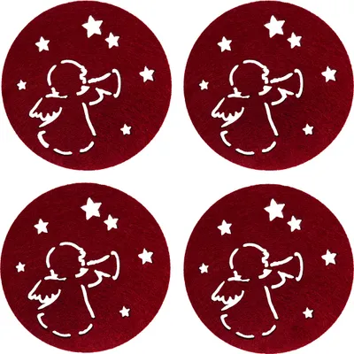 Four red circular coasters with white angel and star cutouts arranged in a 2x2 grid on a white background.