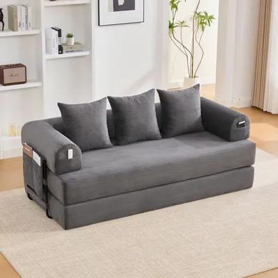 Obrázek produktu pro MODFU Kompresní rozkládací postel s bočními kapsami, klapací rozkládací postel s třemi měkkými polštáři, Rozkládací postel lounge-sofa s robustním kovovým rámem, tmavě šedá