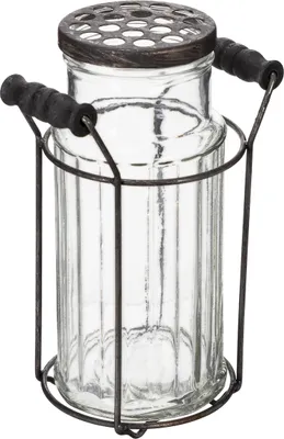 Produktbild von Vintage Glasflasche mit Metallgestell für Dekoration und kreative Akzente