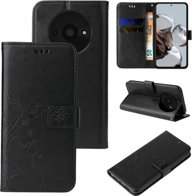 Produktbild von Handyhülle für Xiaomi Redmi A3 Floral Blumen Schmetterling Flip Cover Hülle Case Klapphülle Handytasche Farbe: Schwarz