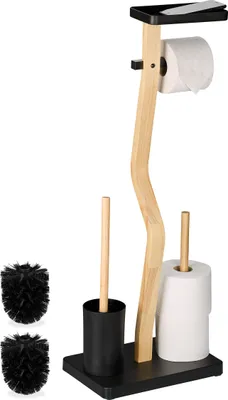 Produktbild von Relaxdays WC Garnitur, Bambus, HBT: 80x30x20 cm, freistehender Klopapierhalter, Ablage, Toilettenbürste, schwarz/natur