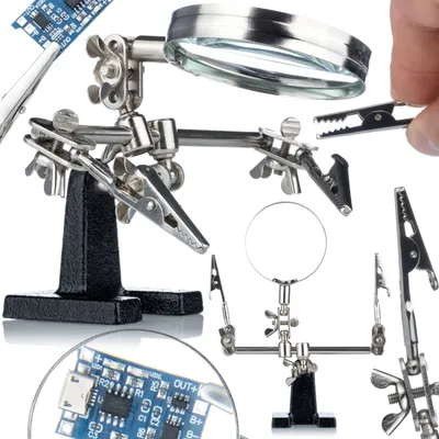 Image de Rosfix Kit de Soudure à Trois Mains avec Loupe – Loupe Réglable Ø 65 mm | Pinces Crocodiles 35 mm | Idéal pour l'électronique et le Modélisme