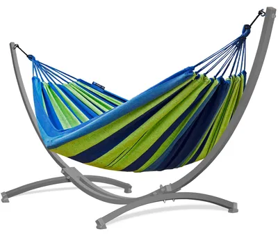 Produktbild von Potenza Outdoor Hängematte mit Gestell für 2 Personen I Baumwolle Doppelhängematte XXL 220x160, 200kg I Grau Hängemattengestell 220kg, wetterfest