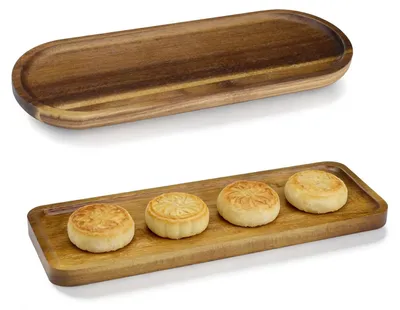 2 Akazienholz-Tabletts, rechteckig & oval, 29 x 10,8 cm