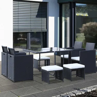Produktbild von Polyrattan Sitzgruppe 8 Personen, Gartenset Tisch+4 Stühle+4 Hocker, Polyrattan Weiß Schwarz | 109x109x72 cm | klappbare Stühle | UV-beständig