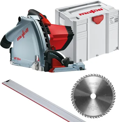 A Mafell MT 55 cc plunge saw, a guide rail, a saw blade, and a storage case are displayed against a white background.