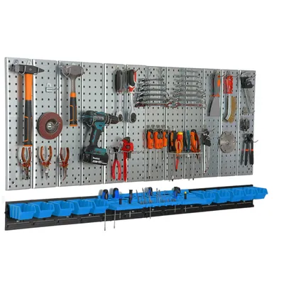 Obrázek produktu pro Deska na nářadí 156x72 cm Kovový úložný systém s držáky na nářadí Háčky na nářadí a 10 stohovacích boxů 80 x 115 x 60 mm Barva: modrá Deska na kolíky Dílna Garáž Deska na kolíky Elektrické nářadí Deska na kolíky