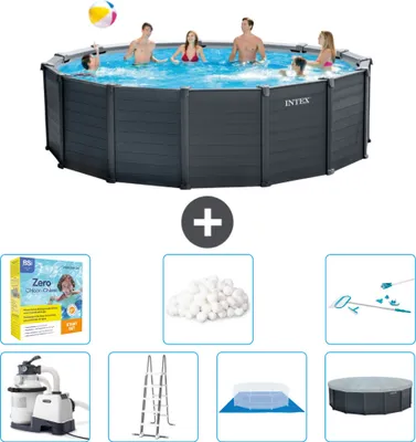 Produktbild von Intex runder Pool mit graphitgrauem Paneel – 478 x 124 cm – inklusive Pumpe – Leiter – Bodenplane – Abdeckung Wartungspaket - Filterbälle - Reinigungskit