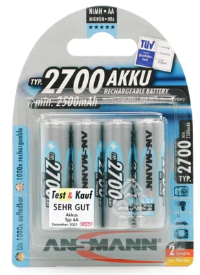 Produktbild von Ansmann Blister 4 X Accu, AA, 2700mAh, AA / HR6, Nickel-Metallhydrid (NiMH), 1,2 V, 2700 mAh, Blau, 125 mm
