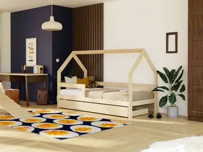 Produktbild von Kinderholzbett Hausbett SAFE 3-in-1 mit Barriere und Aufbewahrungsschublade 90x200 cm Himmelblau, Mit einem Rausfallschutz