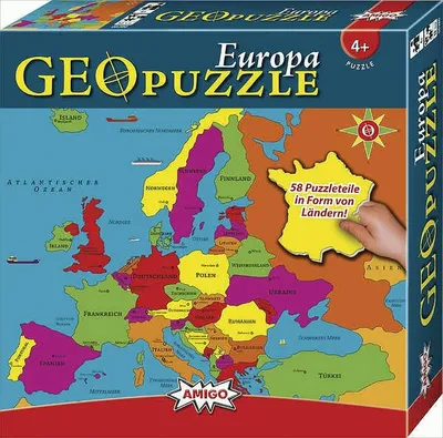 The image shows the box of a GeoPuzzle of Europe. The box features a colorful map of Europe with country borders and names. A child's hand is shown placing a puzzle piece shaped like France onto the map.