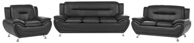 Produktbild von BELIANI 6-Sitzer Sofa Set Schwarz Kunstleder Lederoptik Gepolstert Gesteppt mit Silbernen Metallbeinen Breite Armlehnen Freistehend Modernes Design