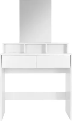 A white vanity table with a mirror and drawers, presented on a white background.