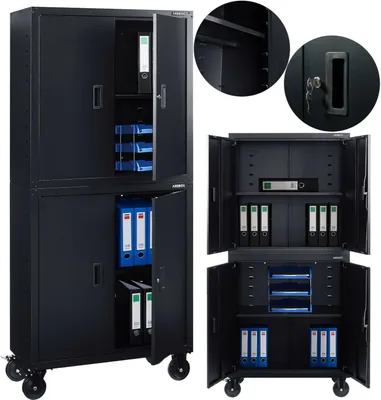 Produktbild von AREBOS Aktenschrank 2er Set 195 x 40 x 90 cm , Büroschrank, Aktenschränke, mit Räder, Höhenverstellbare Einlegeböden, mit Zylinderschloss Schwarz