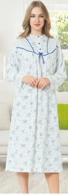 Produktbild von Damen Nachthemd Pyjama Schlafanzug Weiß L-XL Lang Nachtwäsche mit Muster A-69