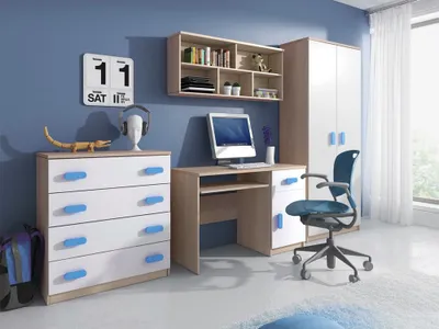 Obrázok produktu pre Kinderzimmer-Set Schrank Wandregal Kommode Schreibtisch blaue Griffe Jonas III 02 (Sonoma/Weiß)