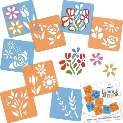 Produktbild von Schablonen Malen für Kinder, 8 Stück Set 15x15 cm Blumen, Kinder Kreatives Zeichenschablonen, Kunststoff Wiederverwendbar Malschablone