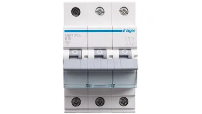 A close-up, front-facing studio shot of a three-pole circuit breaker.