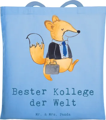 Produktbild von Mr. & Mrs. Panda Einkaufstüte Fuchs Bester Kollege der Welt - Sky Blue - Geschenk, Jutetasche, Ruhestand, Dankeschön, Arbeitskollege, Beruf, Arbeit, Shopping Tasche