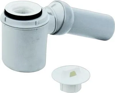 A white plumbing drain assembly with a separate cap.