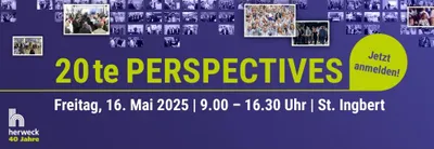 A banner advertising an event called '20te PERSPECTIVES' with date, time, and location.