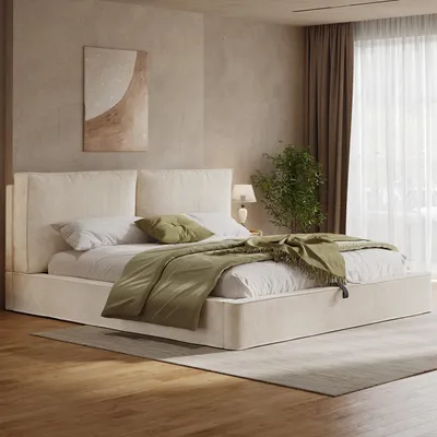Zdjęcie produktu dla Łóżko tapicerowane Zerbaco, podwójne, 180x200 cm, łóżko funkcyjne z hydraulicznym podnoszeniem, z pojemnikiem na pościel, z elastycznym stelażem, kolor beżowy, tkanina typu cord