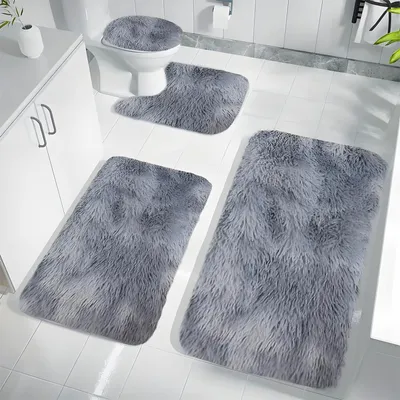 Image de Lot de 4 tapis de salle de bain, avec découpes, tapis antidérapants 40 x 60 + 40 x 50 + 40 x 40 + 40 x 80 cm, tapis de bain lavables en polyester, gris clair