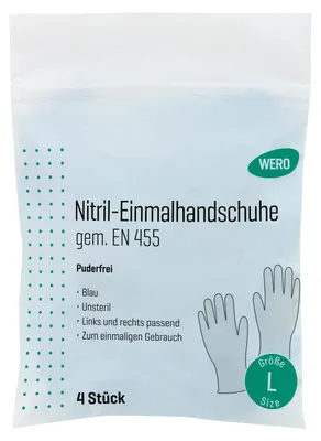 Produktbild von WERO Nitril-Einmalhandschuhe nach EN 455, 4 Stk/Pkg, Größe L (Gr. 8-9)
