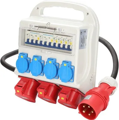 Obrázok produktu pre Elektrická nástenná rozvodná skriňa CEE pre staveniská, IP44, adaptéry: 2xCEE 400 V/16 A, 1xCEE 400 V/32 A, 4x230 V
