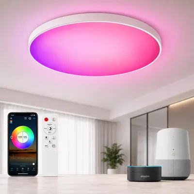 Produktbild von 48W LED RGB Deckenleuchte Smart, Deckenlampe Dimmbar Fernbedienung APP Alexa Google Home Timer für Schlafzimmer Wohnzimmer Kinderzimmer