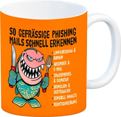 Produktbild von Kaffeebecher zum Thema Phishing Mails erkennen mit Fisch Motiv in orange