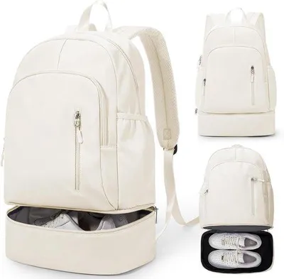 Produktbild von Sporttas für Damen, ideal für den Besuch des Fitnessstudios oder für andere sportliche Aktivitäten, mit Schuhfach und separater Tasche für nasse Kleidung. Wasserdichte Sporttasche für Schwimmen, Yoga, Reisen und Freizeit. Farbe: Creme (A02)