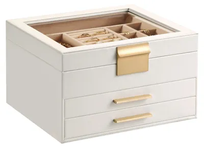 Imagen del producto de Caja organizadora para joyas: tres niveles con tapa de cristal, color blanco