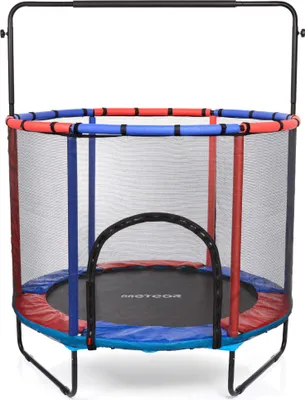 Zdjęcie produktu dla Trampolina dla dzieci Meteor TRP-65P z siatką Ø140 cm - do użytku wewnątrz i na zewnątrz - do 50 kg - z zamkiem błyskawicznym, ochraniaczem, drążkiem - niebieska/czerwona