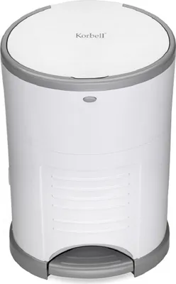 A white Korbel diaper pail with a gray trim and pedal.