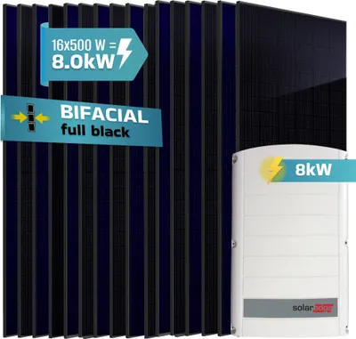 Produktbild von SUNNIVA® 8.0 kW Solaranlage, 16x 500 W Solarmodule Fullblack Bifacial, Wechselrichter SolarEdge SE8K (3-phasig)