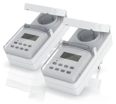 Productafbeelding van CSL Digitale tijdschakelklok, set van 2, voor buitengebruik, met schemersensor en beschermkap, timerfunctie met countdown van 2, 4, 6 of 8 uur, spatwaterdicht, 2 stuks, wit