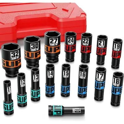 Image de Jeu de douilles à chocs de 16 pièces, 1/2 pouce, de 10 à 32 mm, en acier chromo-vanadium, avec coffret de rangement