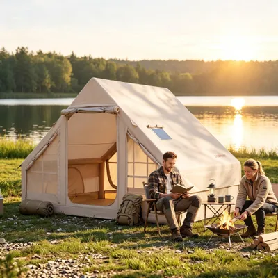 Produktbild von KOMFOTTEU Aufblasbares Campingzelt für 4 Personen mit Kaminöffnung & Pumpe